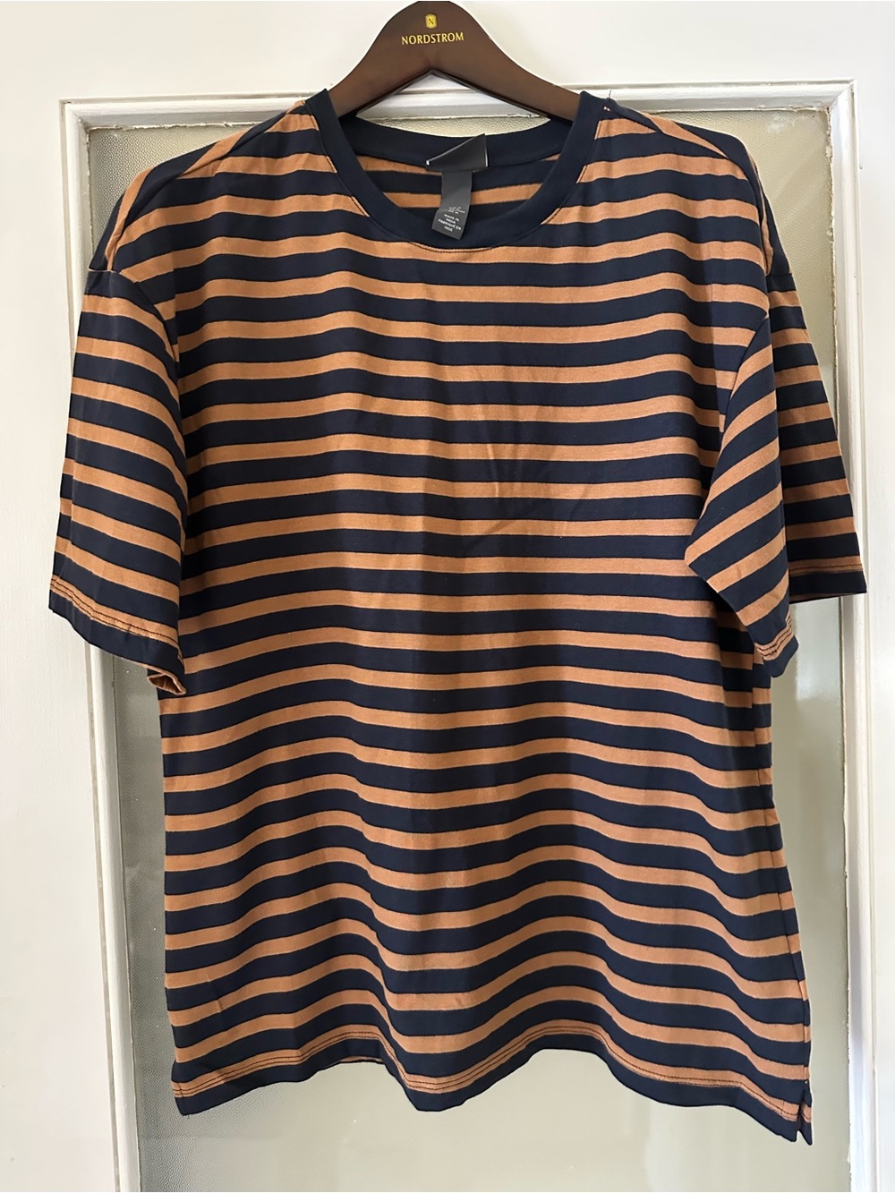H&M Short-Sleeve Navy and Tan Striped Tee
